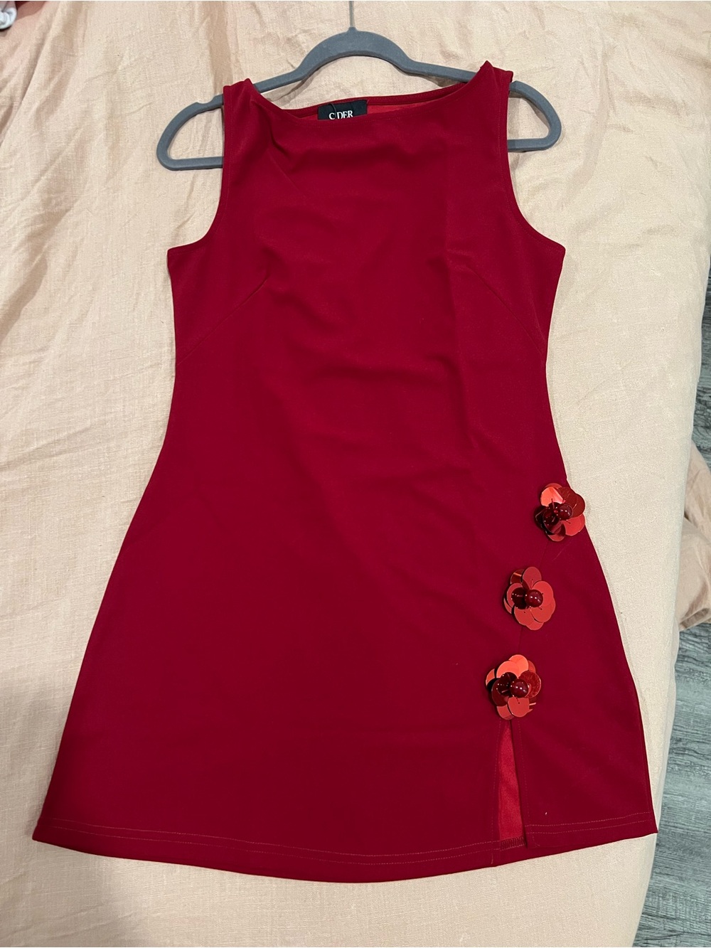 Cider Red Sleeveless Mini Dress with Sequin Floral Appliqués